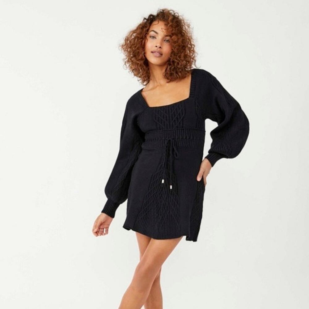 FREE PEOPLE Emmaline Balloon Sleeve Knit Sweater Dress Black Medium M